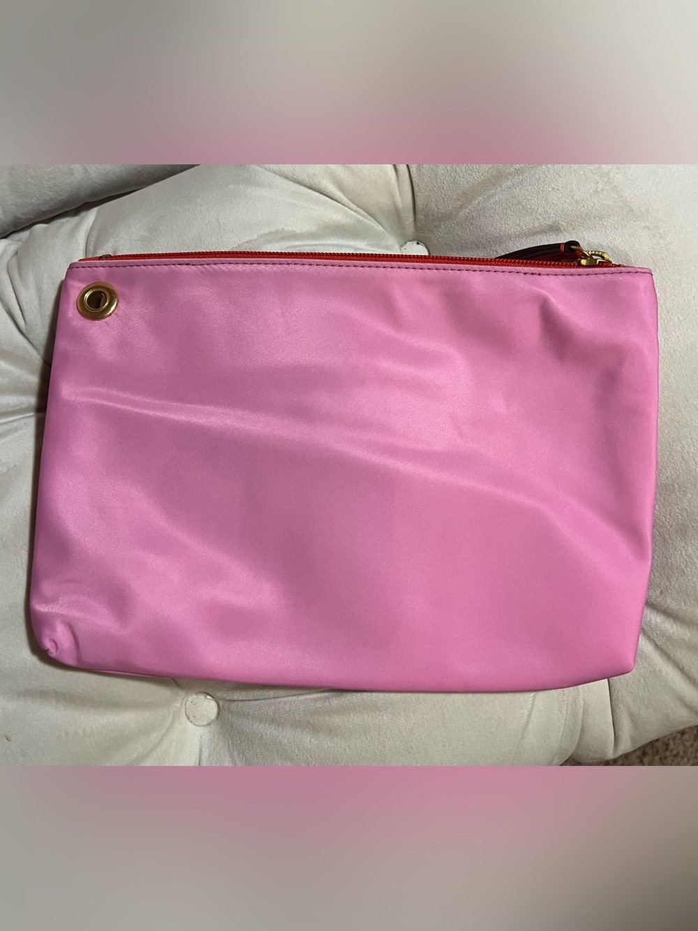 Tory Burch Pink Nylon Cosmetic Pouch Clutch Zip Travel Makeup Bag w/ Orange Logo - Picture 3 of 5